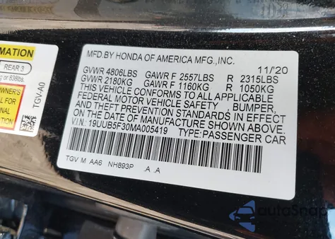 2021 Acura Tlx Standard from USA, damaged, VIN 19UUB5F30MA005419